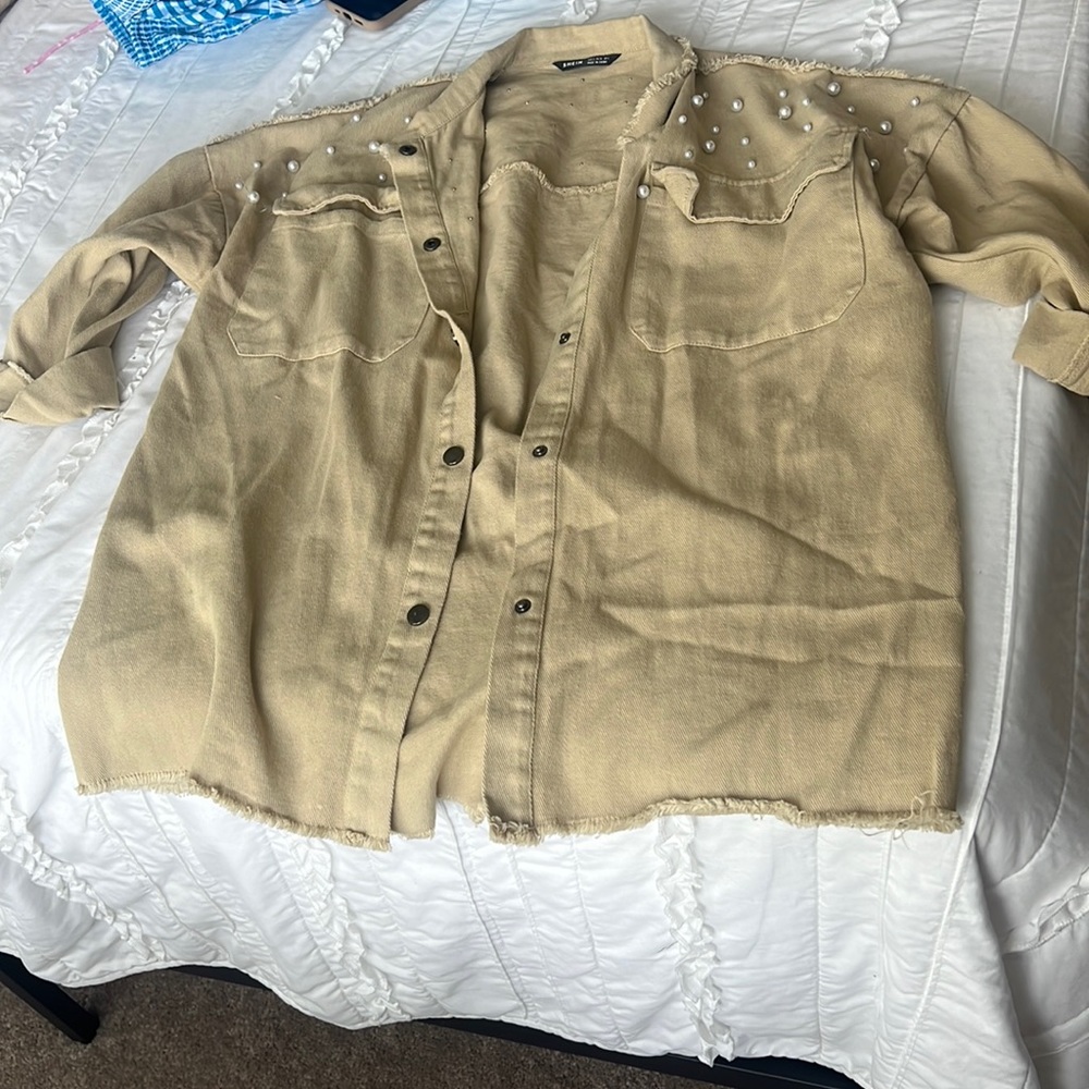 Drop Shoulder Pearls Beaded Raw Hem Jacket